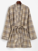 ZAFUL Manteau Robe Long à Carreaux Ceinturé S Café
