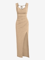 ZAFUL Maxi Robe Fendue Nouée en Avant sans Dos en Jersey à Col Bénitier S Café lumière