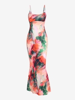 ZAFUL Maxi Robe Sirène à Imprimé Abstraite à Bretelle L Orange foncé