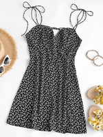 ZAFUL Mini-Robe à Bretelle Découpée Nouée en Avant à Imprimé Fleurie S Noir