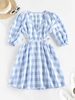 ZAFUL Mini-Robe à Carreaux Découpée à Manches Bouffantes M Bleu clair