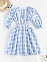 ZAFUL Mini-Robe à Carreaux Découpée à Manches Bouffantes M Bleu clair