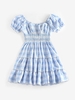 ZAFUL Mini-Robe à Carreaux Manches Bouffantes à Taille Plissée S Bleu clair