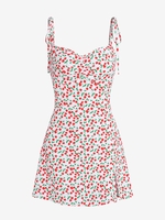 ZAFUL Mini Robe à Imprimé Cerise Epaule Nouée à Taille Haute à Bretelle S Blanc