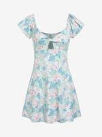 ZAFUL Mini-Robe à Imprimé Fleurie à Manches Bouffantes S Vert clair