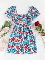 ZAFUL Mini-Robe Découpée à Imprimé Floral M Bleu clair