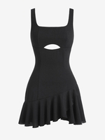 ZAFUL Mini-Robe Découpée en Couleur Unie Ourlet à Volants à Col Carré M Noir