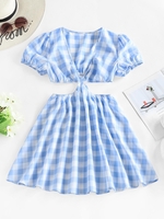 ZAFUL Mini-Robe Découpée en Vichy à Col Plongeant M Bleu clair