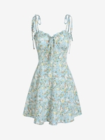 ZAFUL Mini Robe Fleurie à Epaule Nouée à Volants M Bleu clair