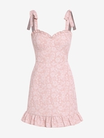 ZAFUL Mini Robe Fleurie à Epaule Nouée en Jacquard à Volants L Rose léger