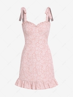 ZAFUL Mini Robe Fleurie à Epaule Nouée en Jacquard à Volants S Rose léger