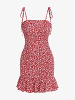 ZAFUL Mini Robe Fleurie à Epaule Nouée Ourlet à Volants L Rouge