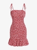 ZAFUL Mini Robe Fleurie à Epaule Nouée Ourlet à Volants S Rouge