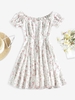 ZAFUL Mini Robe Fleurie Bouton en Avant à Epaule Dénudée M Blanc