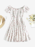 ZAFUL Mini Robe Fleurie Bouton en Avant à Epaule Dénudée M Blanc