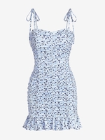 ZAFUL Mini Robe Fleurie Epaule Nouée Ourlet à Volants S Bleu clair