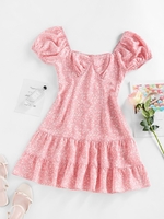 ZAFUL Mini Robe Fleurie Imprimée à Manches Bouffantes à Volants Xl Rose clair