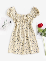 ZAFUL Mini-Robe Fleurie Imprimée à Manches Bouffantes M Jaune clair