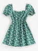 ZAFUL Mini-Robe Fleurie Imprimée à Manches Bouffantes S Vert profond