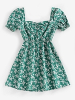 ZAFUL Mini-Robe Fleurie Imprimée à Manches Bouffantes S Vert profond