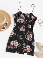 ZAFUL Mini Robe Moulante à Imprimé Fleurie Nouée en Avant à Bretelle Fine S Noir
