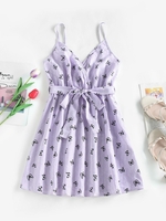 ZAFUL Mini Robe Papillon Ceinturée à Bretelle en Vichy M Violet clair
