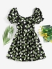 ZAFUL Mini-Robe Patineuse Fleurie à Manches Bouffantes à Volants L Noir
