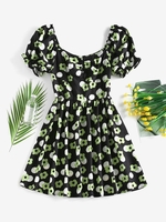 ZAFUL Mini-Robe Patineuse Fleurie à Manches Bouffantes à Volants L Noir