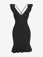 ZAFUL Mini Robe Sirène Croisée sans Dos à Volants S Noir
