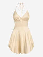 ZAFUL Mini-Robe Soyeuse sans Dos à Taille Basse à Col Halter à Lacets S Café lumière