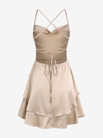 ZAFUL Mini Robe Superposée Soyeuse Croisée à Lacets sans Dos L Café lumière