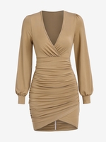 ZAFUL Mini Robe Tulipe Drapée Superposée à Manches Longues S Café lumière