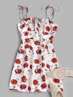 ZAFUL Mini-Robe à Imprimé Fleurie à Epaule Nouée L Blanc
