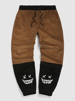 ZAFUL Pantalon à Imprimé Visage Dessin Animé en Blocs de Couleurs en Velours Côtelé L Café