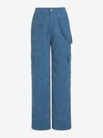 ZAFUL Pantalon Bouffant à Bretelle en Velours Côtelé Embelli de Sangle M Bleu