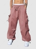 ZAFUL Pantalon Parachute Cargo Lâche à Pieds Etroits avec Poche à Cordon L Rose clair