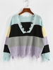 ZAFUL Pull Déchiré en Blocs de Couleurs à Col V L Multi m