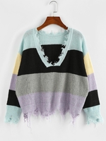 ZAFUL Pull Déchiré en Blocs de Couleurs à Col V L Multi m