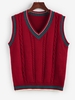 ZAFUL Pull en Tricot à Câble en Blocs de Couleurs à Col V S Rouge