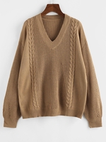 ZAFUL Pull en Tricot à Câble Goutte Epaule à Col V S Café