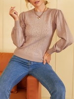 ZAFUL Pull en Tricot Manches Bouffantes à Col Rond M Café lumière