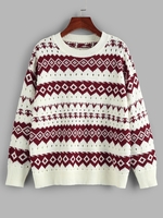 ZAFUL Pull Géométrique en Tricot à Goutte Epaule L Rouge foncé