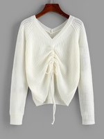 ZAFUL Pull Haut Bas Côtelé Plissé à Col V S Blanc lait