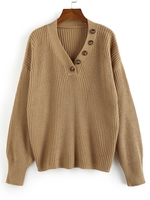ZAFUL Pull Lâche Goutte Epaule à Col V avec Bouton M Café lumière