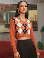 ZAFUL Pull Maille Court Losange à Col V M Orange