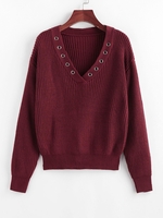 ZAFUL Pull Maille Goutte Epaule à Col V avec Œillet S Rouge foncé