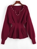 ZAFUL Pull Plissé Perlé à Goutte Epaule M Rouge vineux