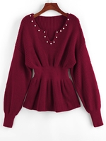 ZAFUL Pull Plissé Perlé à Goutte Epaule M Rouge vineux