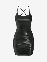 ZAFUL Robe à Bretelle Croisée en Cuir PU à Volants L Noir