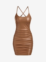 ZAFUL Robe à Bretelle Croisée en Cuir PU à Volants M Café